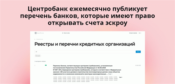 Центробанк ежемесячно публикует перечень банков, которые имеют право открывать счета эскроу