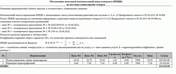 Пример определения начальной максимальной цены контракта по 44-ФЗ