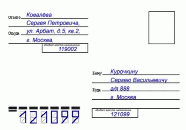 Рис. 2. Образец правильно подписанного отправления на а/я