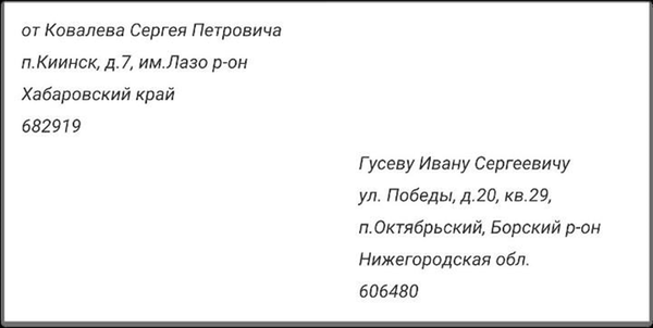 Рис. 1. Пример написания данных адресанта и адресата