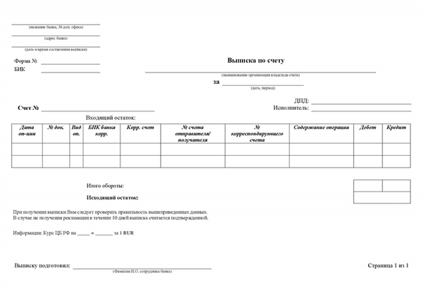 бланк выписки по банковскому счету